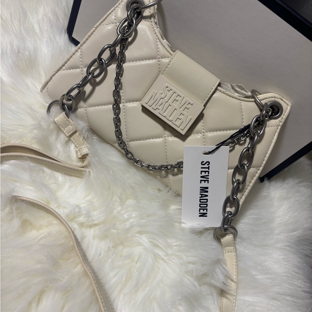 Steve Madden Beige Quilted Chain Shoulder Bag